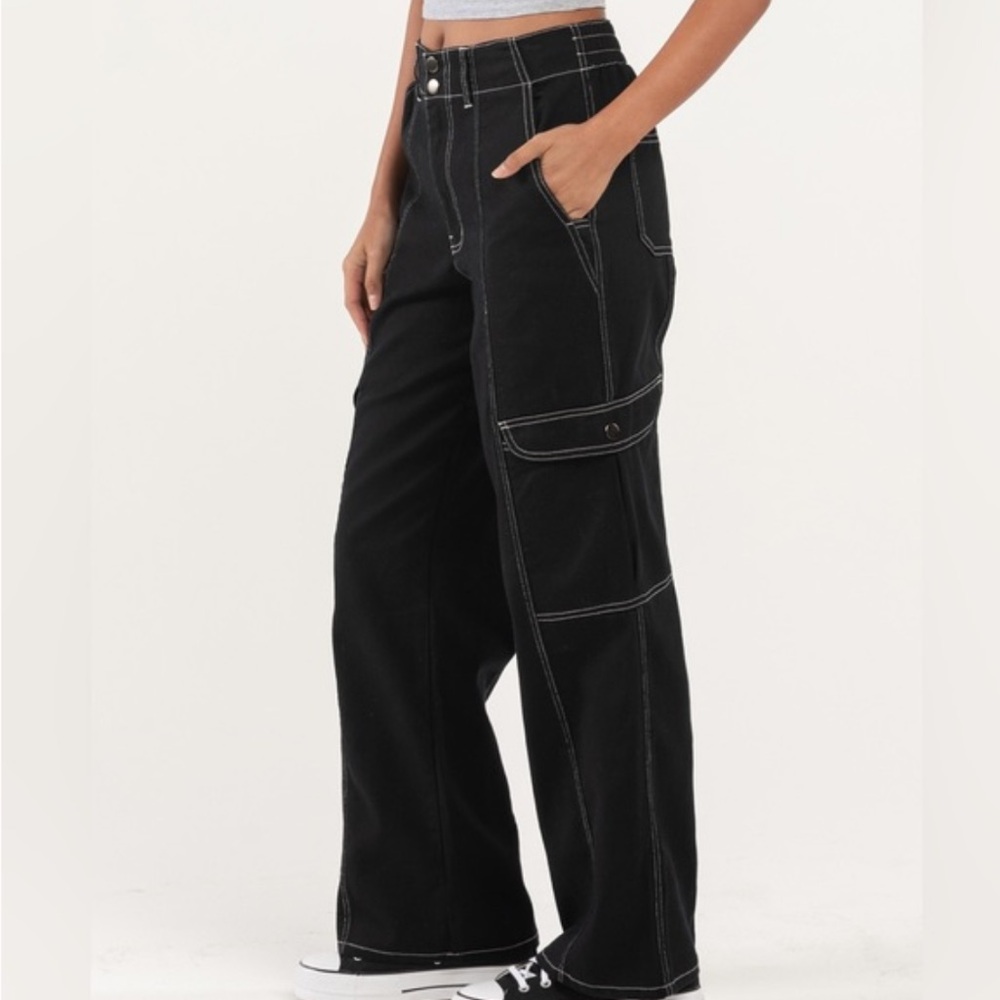 RSQ | Women's Black Cargo Y2K Straight Leg Jeans White Stitching Size XL